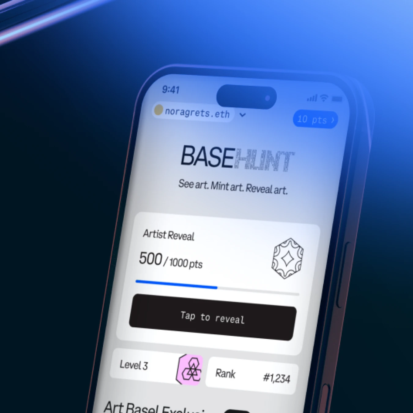 Coinbase BaseHunt mobile application displayed in a phone